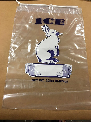 Clear 20 lb ice bags for ice packaging in retail and wholesale